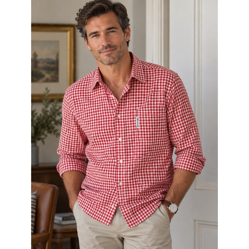 Faconnable Mens Red Gingham Cotton Button Down Shirt Size 17R Large XL France